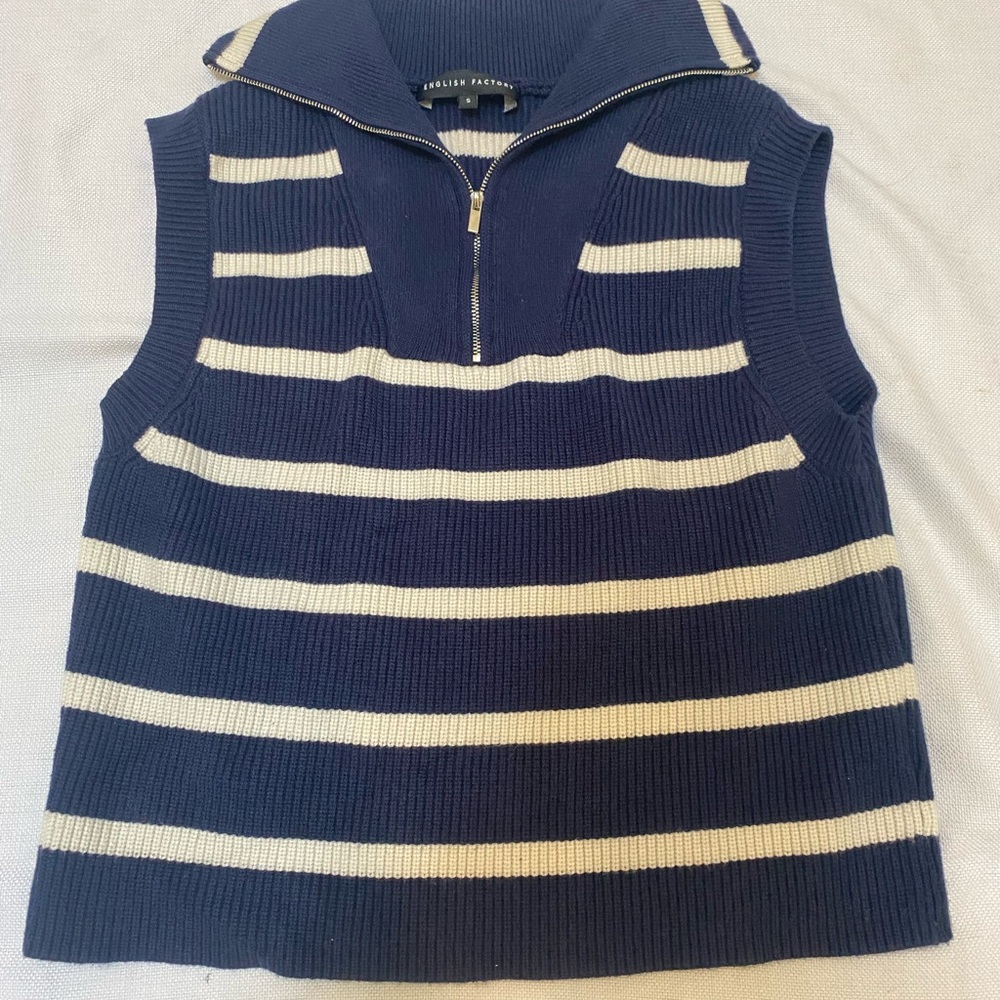 English Factory Women Navy White Sleeveless 1/2 Zip Sweater S Nautical Fisherman